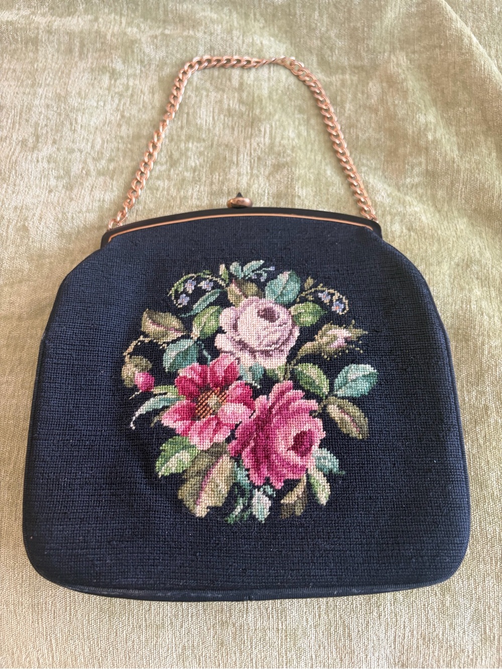 Vintage Needlepoint Handbag Cottagecore Purse Black Floral Gorgeous